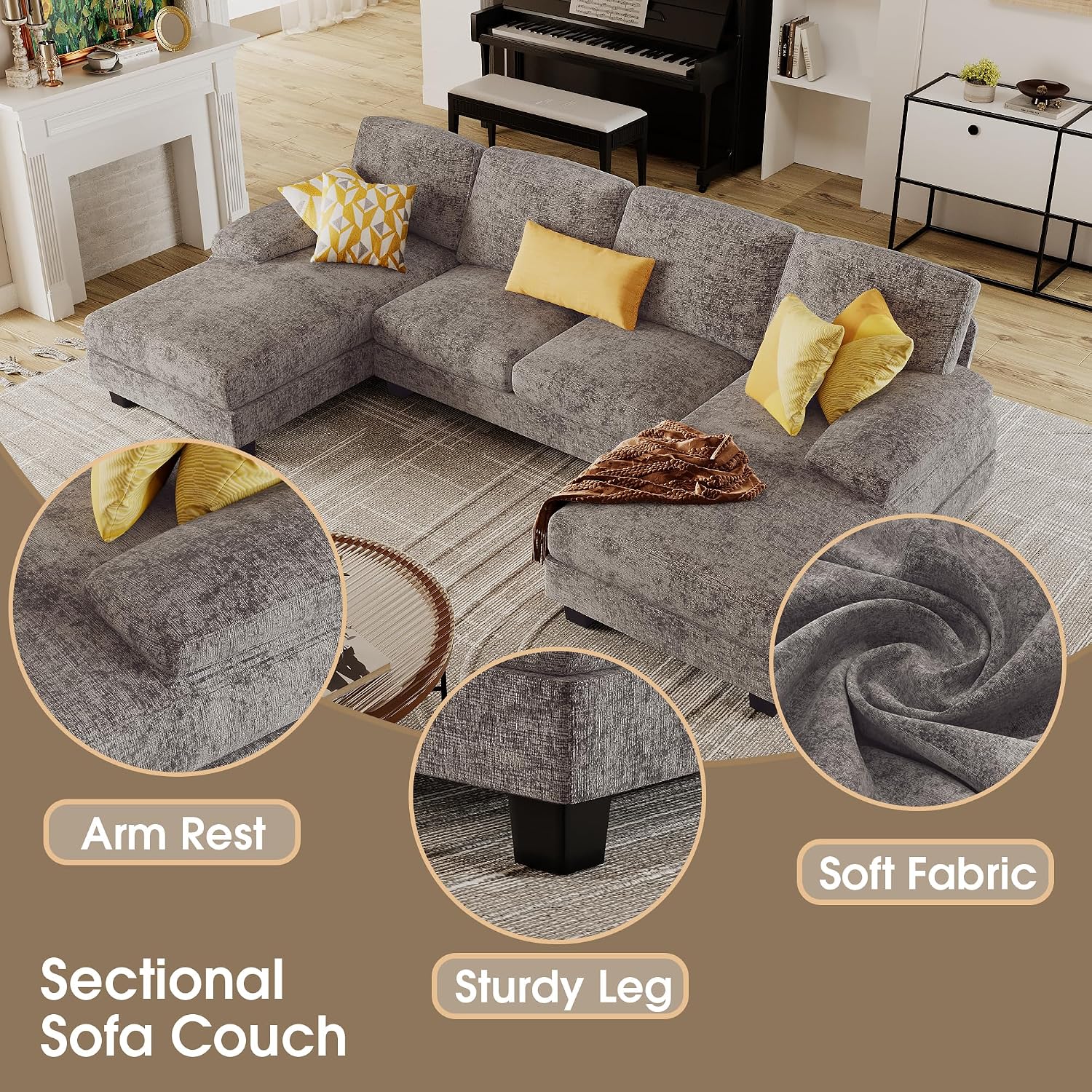 Grey Chenille U-Shaped Sectional Sofa