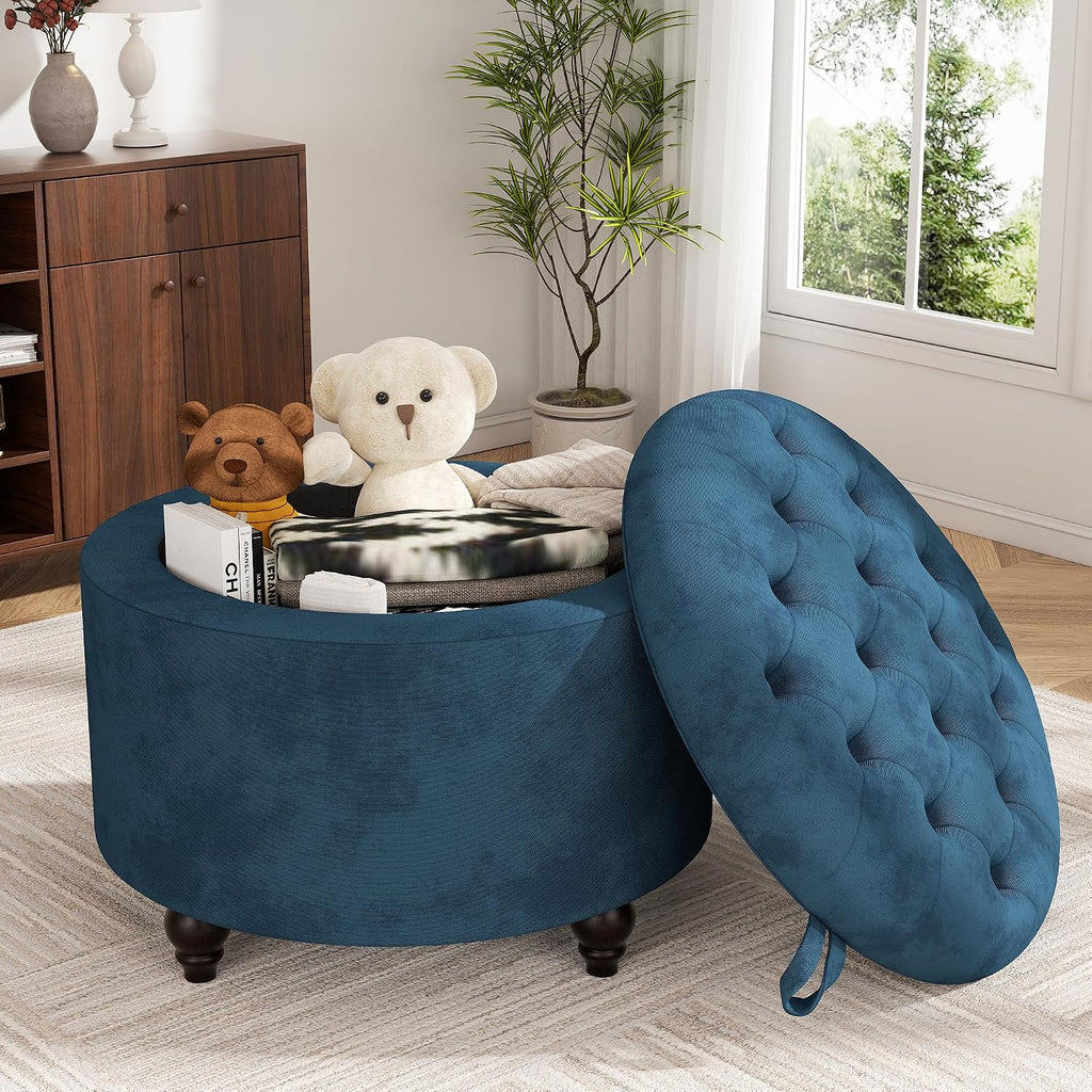 24 Inch Round Tufted Storage Ottoman Blue