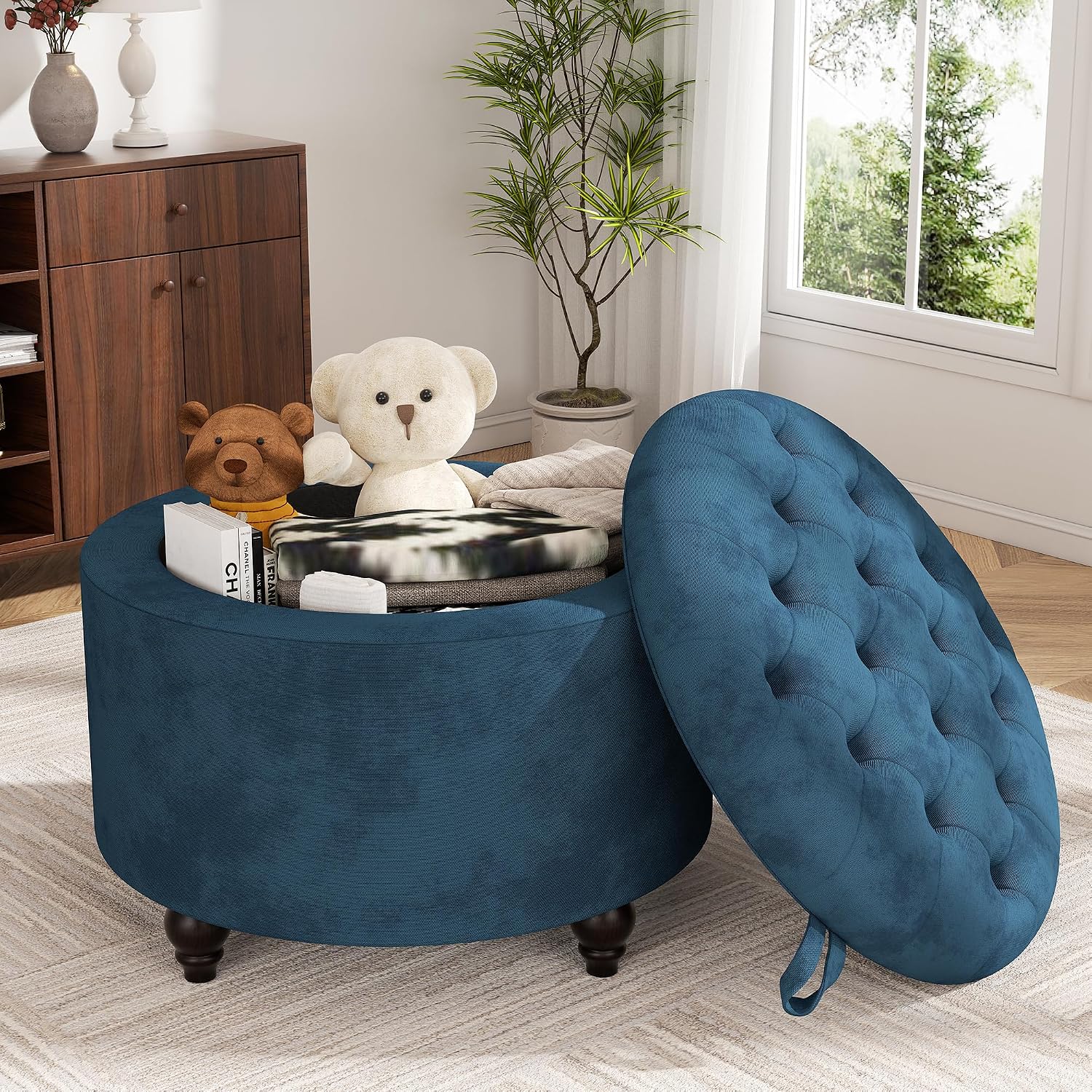 24 Inch Round Tufted Storage Ottoman Blue