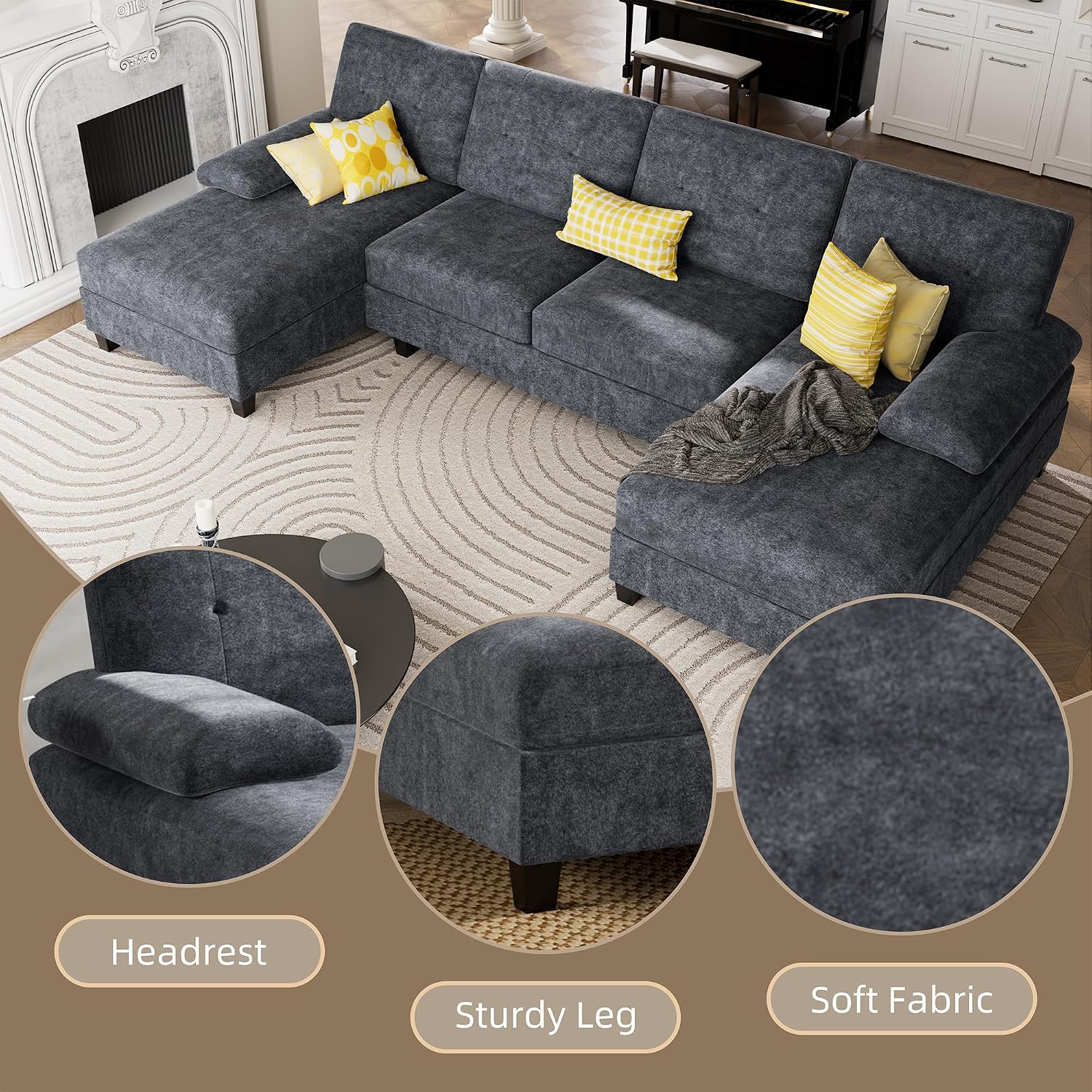 Black Linen U-Shaped Sectional Sofa