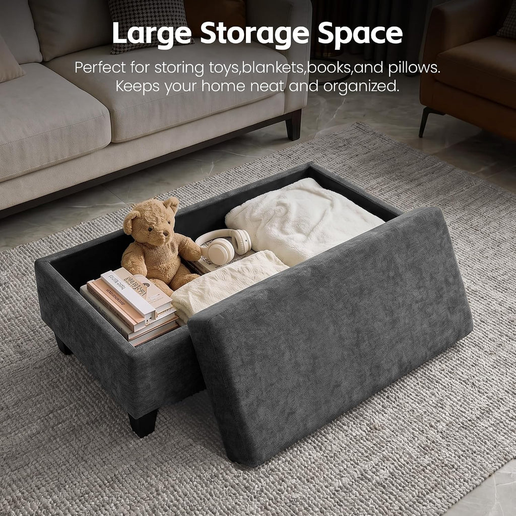 Chenille Storage Ottoman Bench Dark Gray 45"
