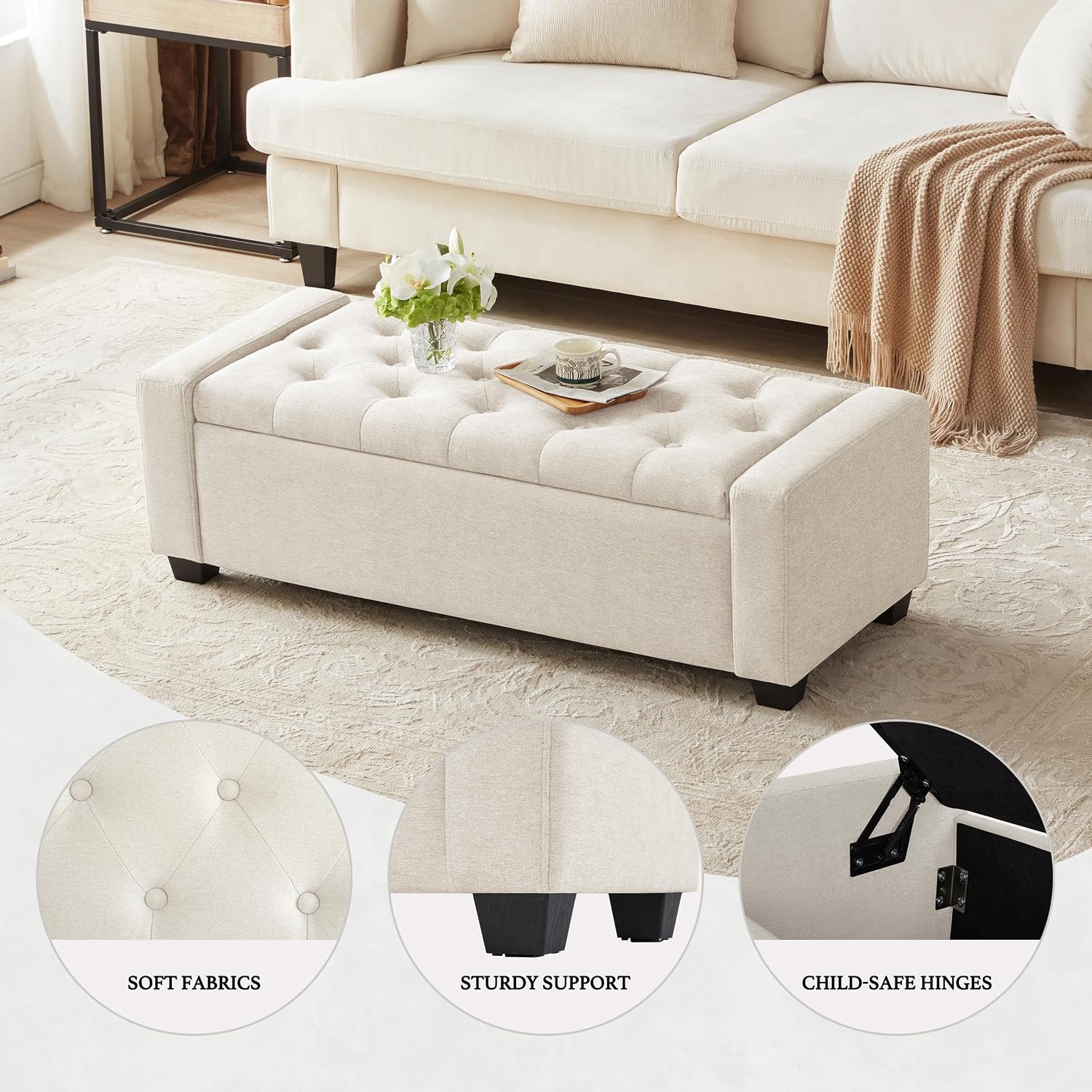 Home Beige Storage Ottoman Bench 48"