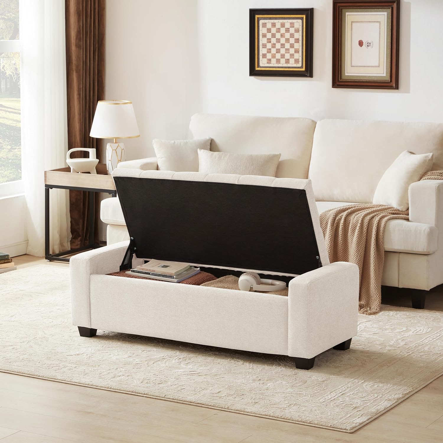 Home Beige Storage Ottoman Bench 48"