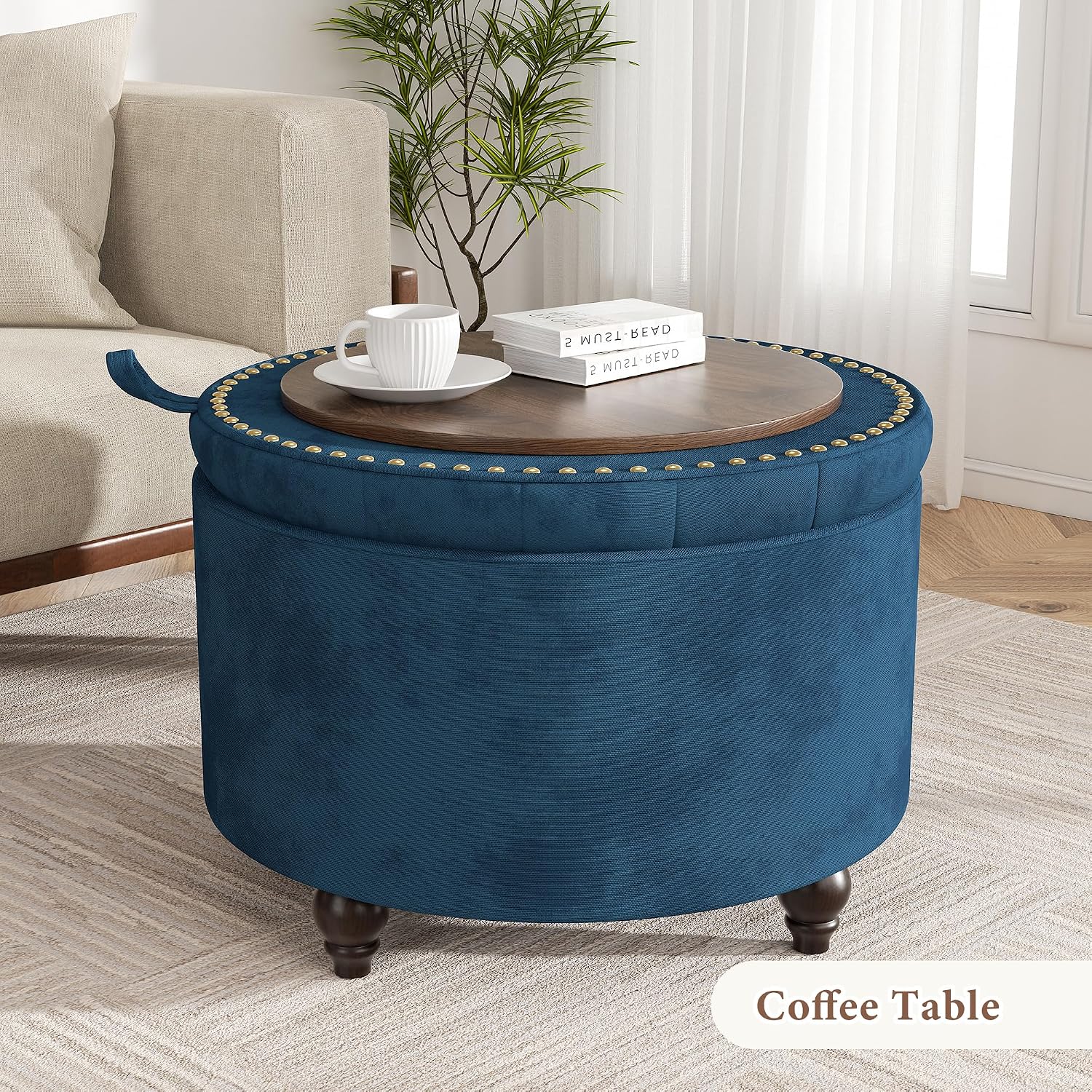 24 Inch Round Tufted Storage Ottoman Blue