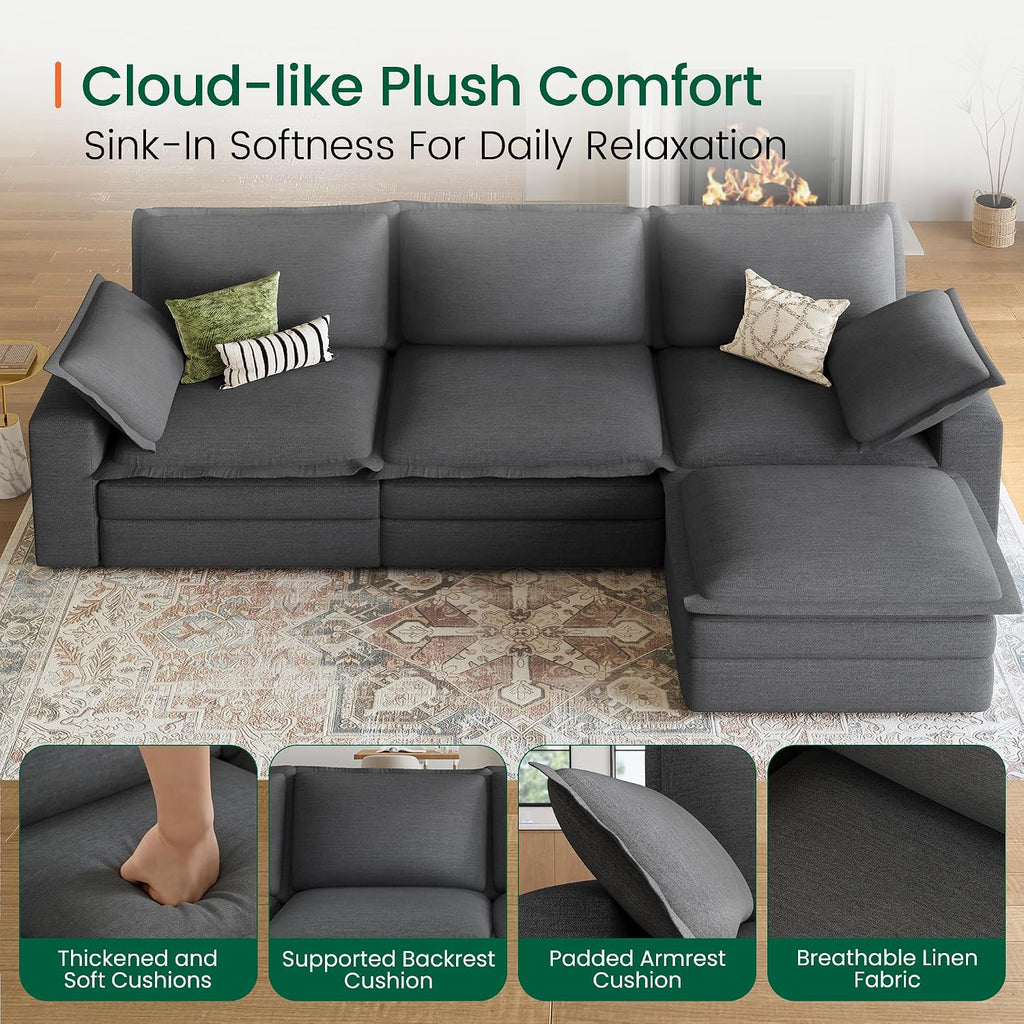 Grey Linen L-Shaped Cloud Sectional Sofa