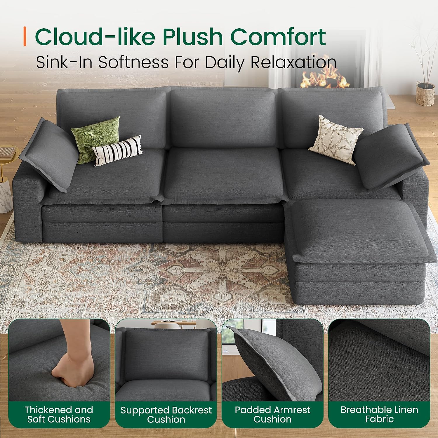 Grey Linen L-Shaped Cloud Sectional Sofa