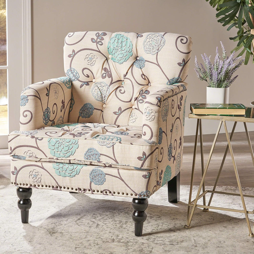 Home White Blue Tufted Club Chair