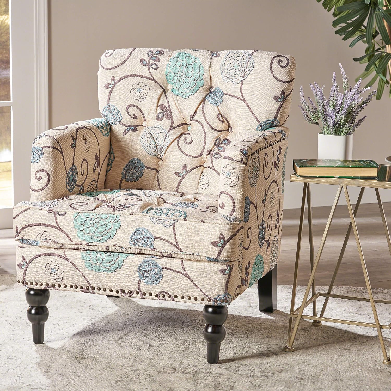 Home White Blue Tufted Club Chair